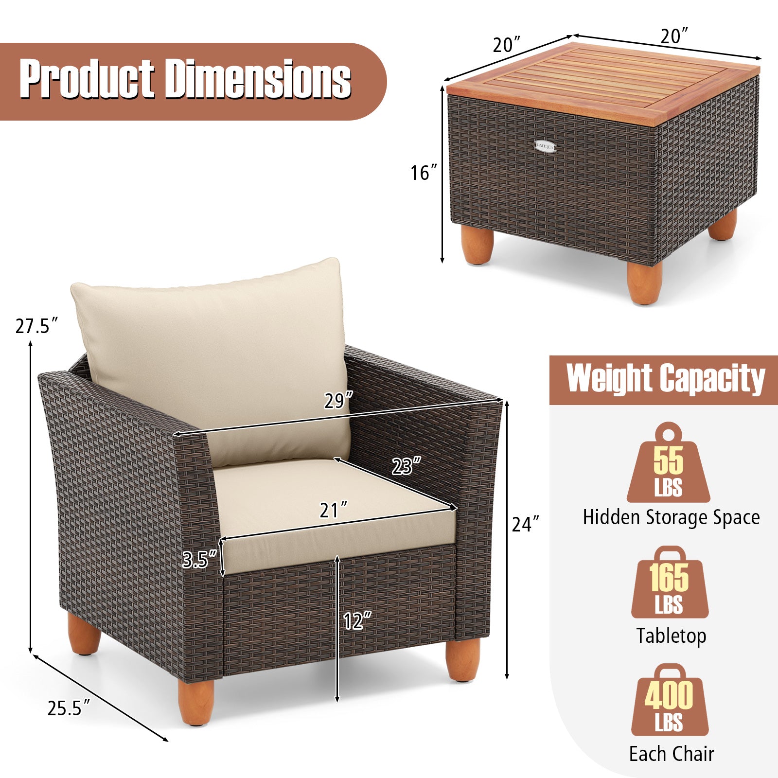 3 Pieces Patio PE Wicker Furniture Set with Cushions and Acacia Wood Storage Coffee Table-Beige