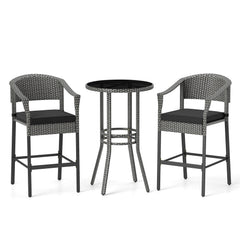 3-Piece Patio Rattan Bar Set with Tempered Glass Top for Backyard Poolside-Gray