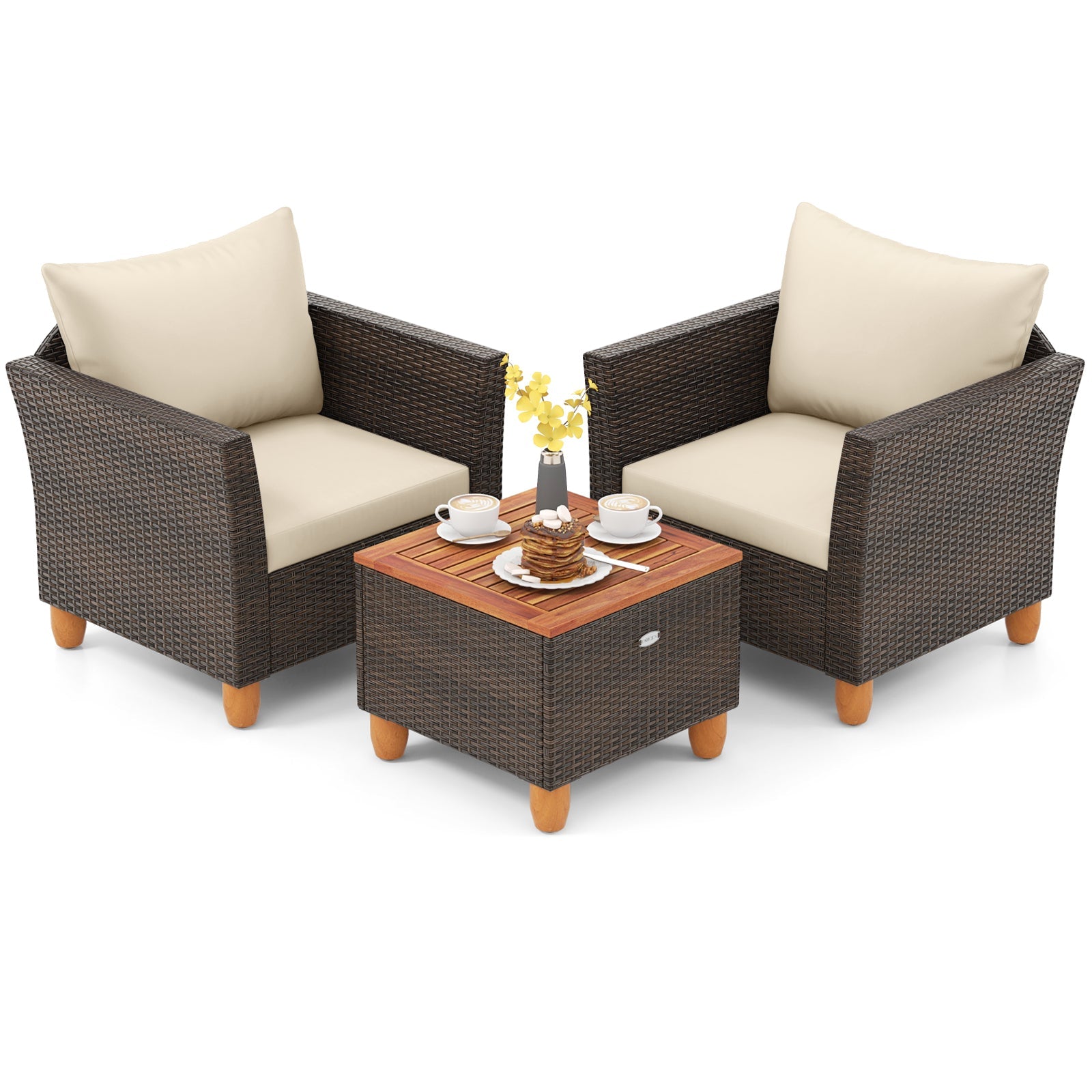 3 Pieces Patio Rattan Bistro Furniture Set with Wooden Table Top-Beige