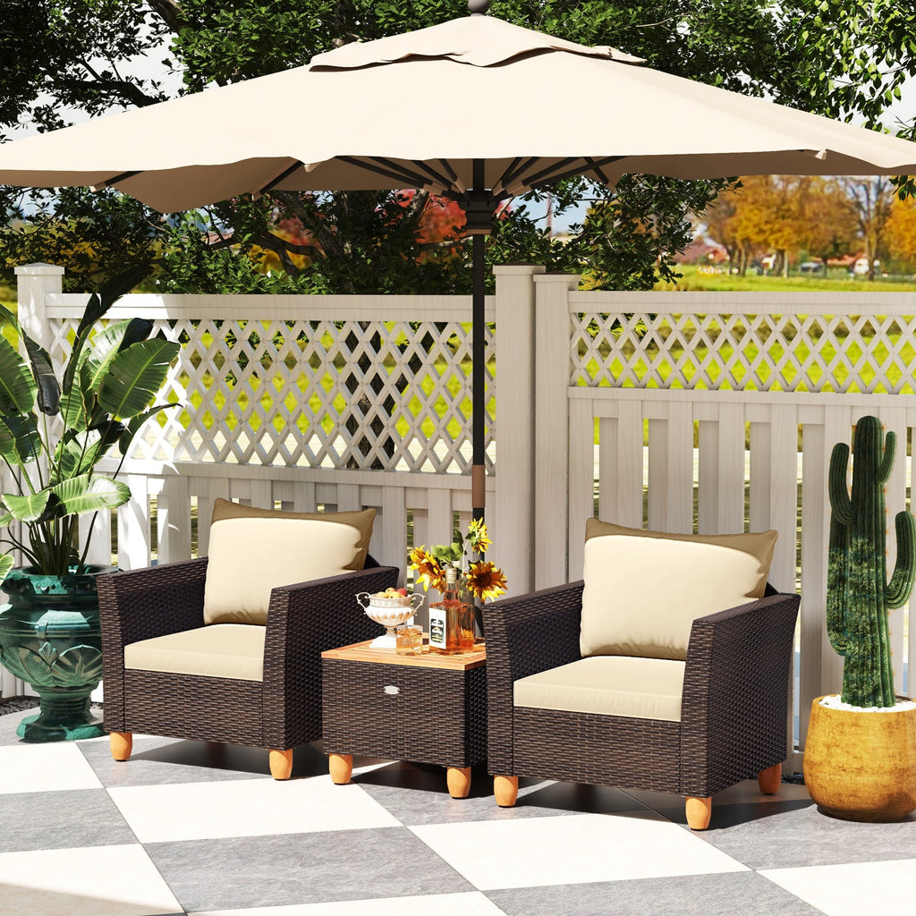 3 Pieces Patio Rattan Bistro Furniture Set with Wooden Table Top-Beige