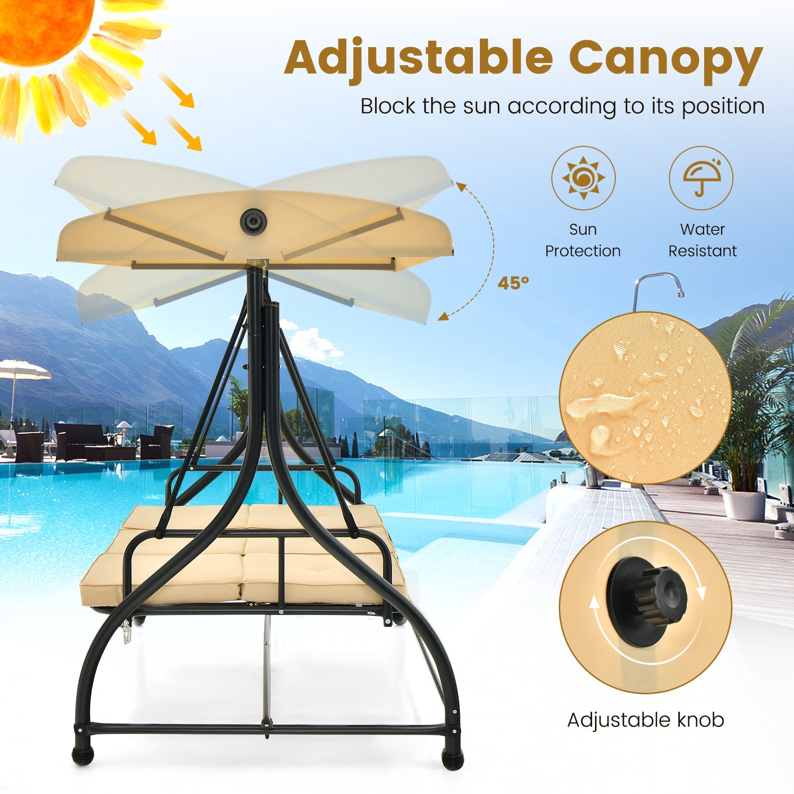 3 Seat Outdoor Porch Swing with Adjustable Canopy-Beige