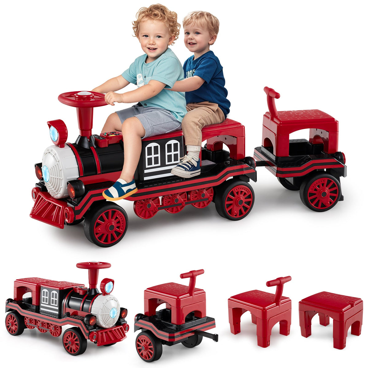 3-Seater Trackless Ride on Train Set 12V Ride on Toy Car with 2 Removable Chairs