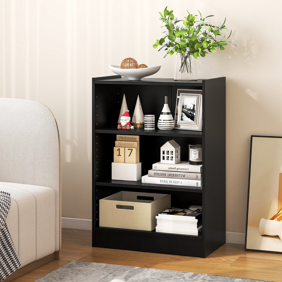 3-Tier Bookcase Open Display Rack Cabinet with Adjustable Shelves-Black