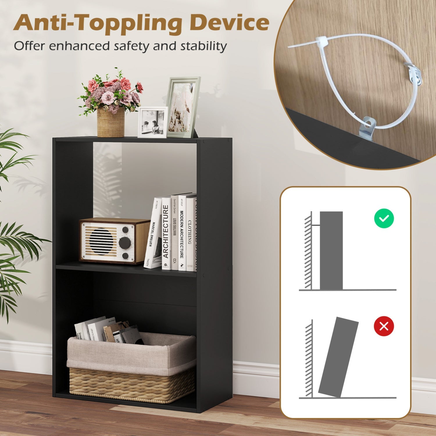 3-Tier Bookshelf with Open Storage Compartments