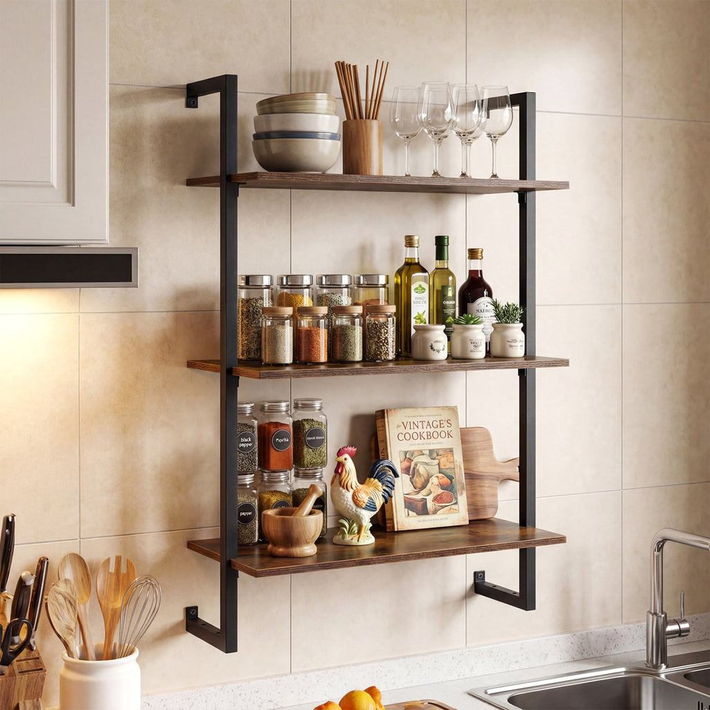 3-Tier Floating Wall Shelf - Rustic Brown