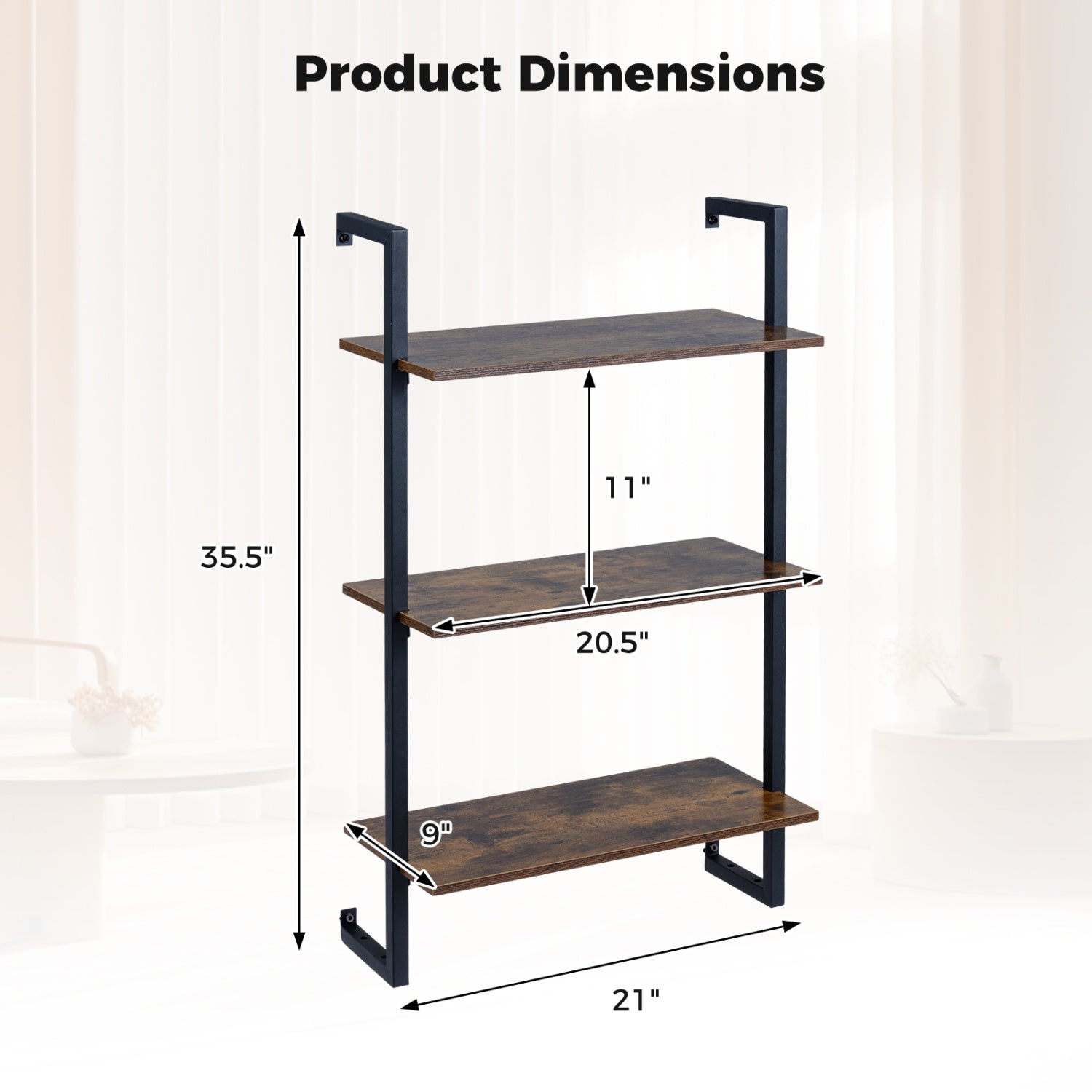 3-Tier Floating Wall Shelf - Rustic Brown