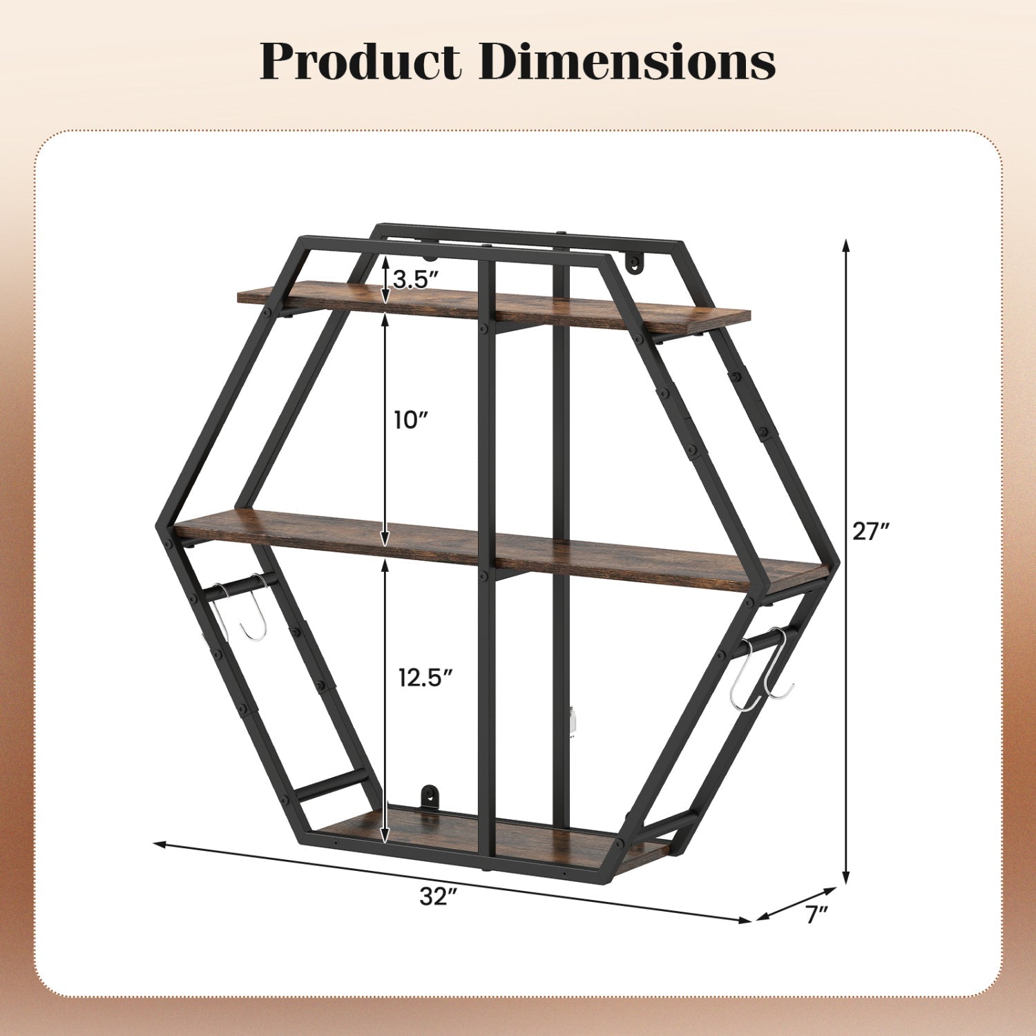 3-Tier Geometric Bookcase with S-Shaped Hooks for Living Room