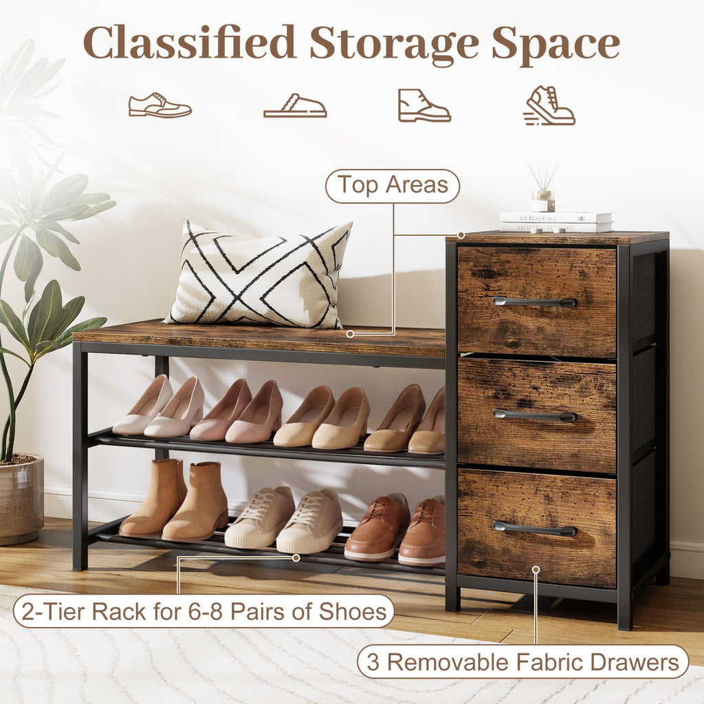 3-Tier Shoe Bench with Removable Fabric Drawers