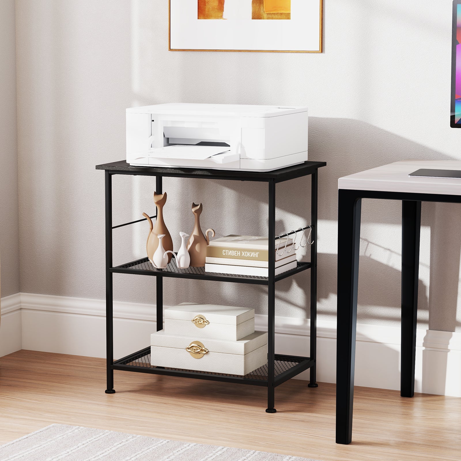 3-Tier Kitchen Serving Cart Utility Standing Microwave Rack with Hooks-Black