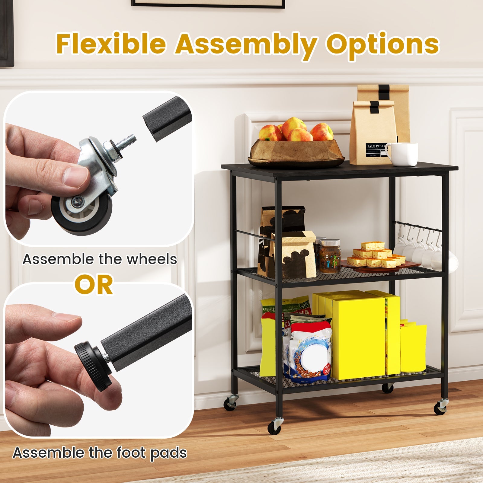 3-Tier Kitchen Serving Cart Utility Standing Microwave Rack with Hooks-Black