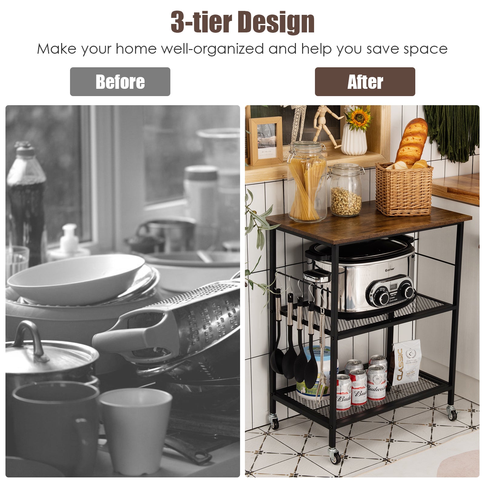 3-Tier Kitchen Utility  Industrial Cart with Storage-Brown