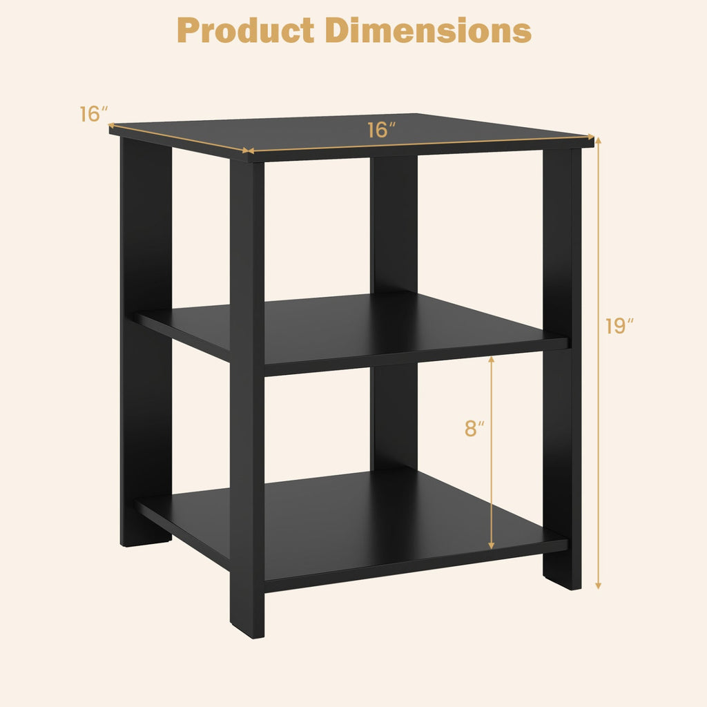 3-Tier Square Side Table with Open Storage Shelves