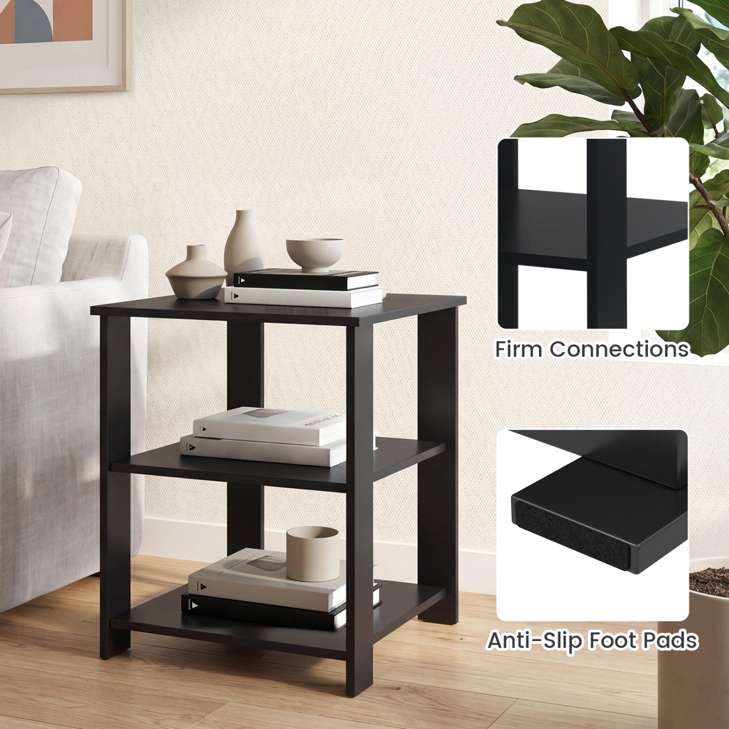 3-Tier Square Side Table with Open Storage Shelves