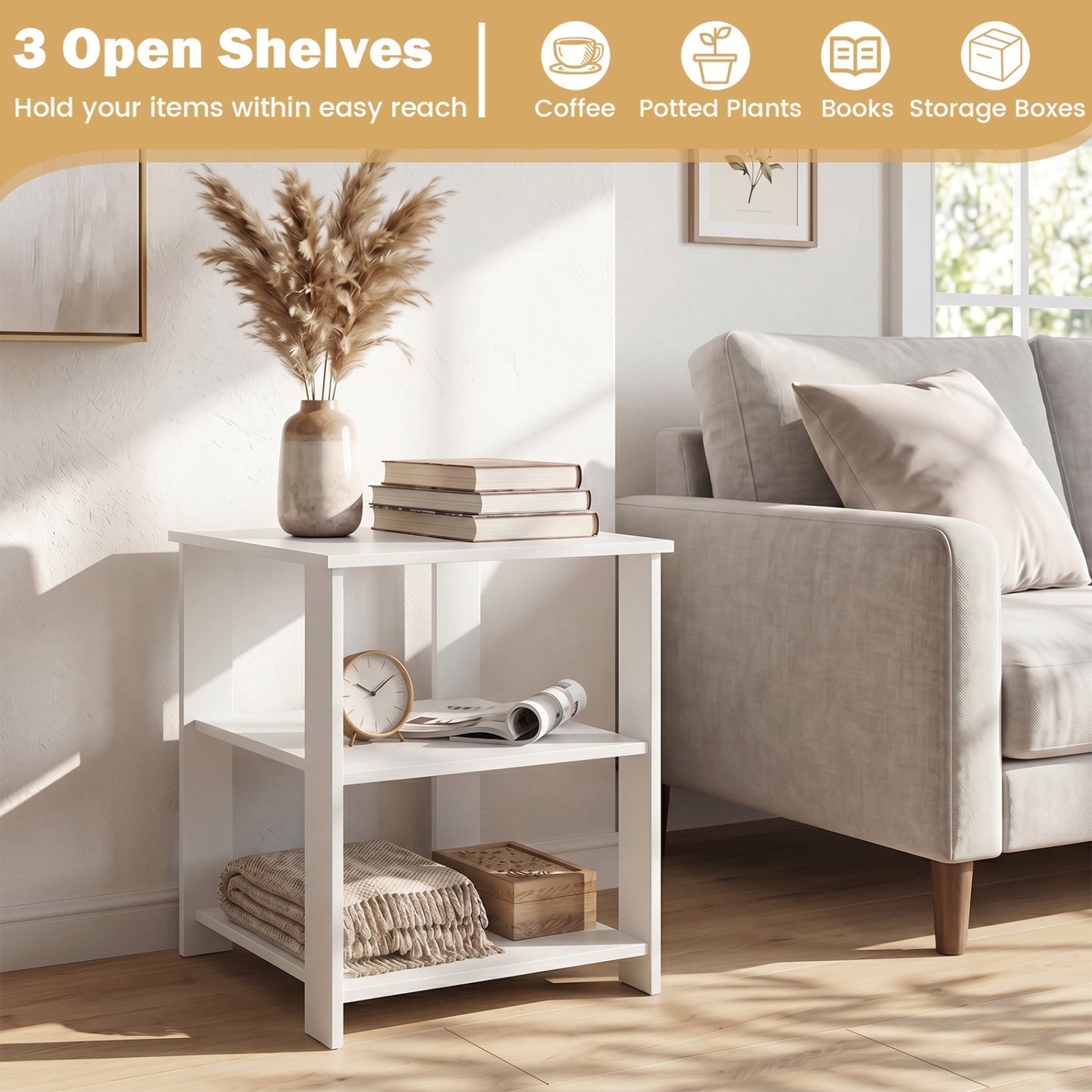 3-Tier Square Side Table with Open Storage Shelves