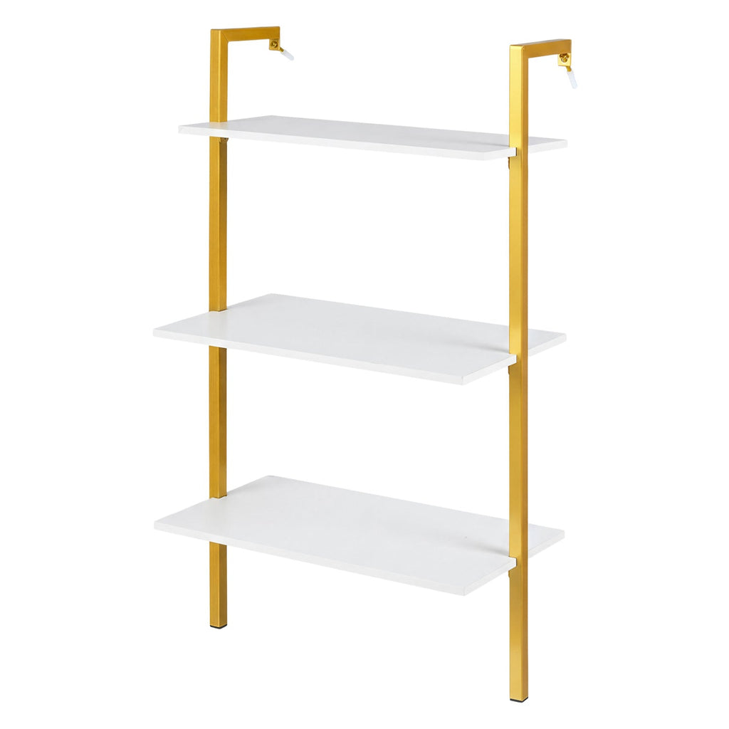 3-Tier Modern Wall Mounted Shelves Wooden Floating Shelving Unit Metal Ladder Bookshelf