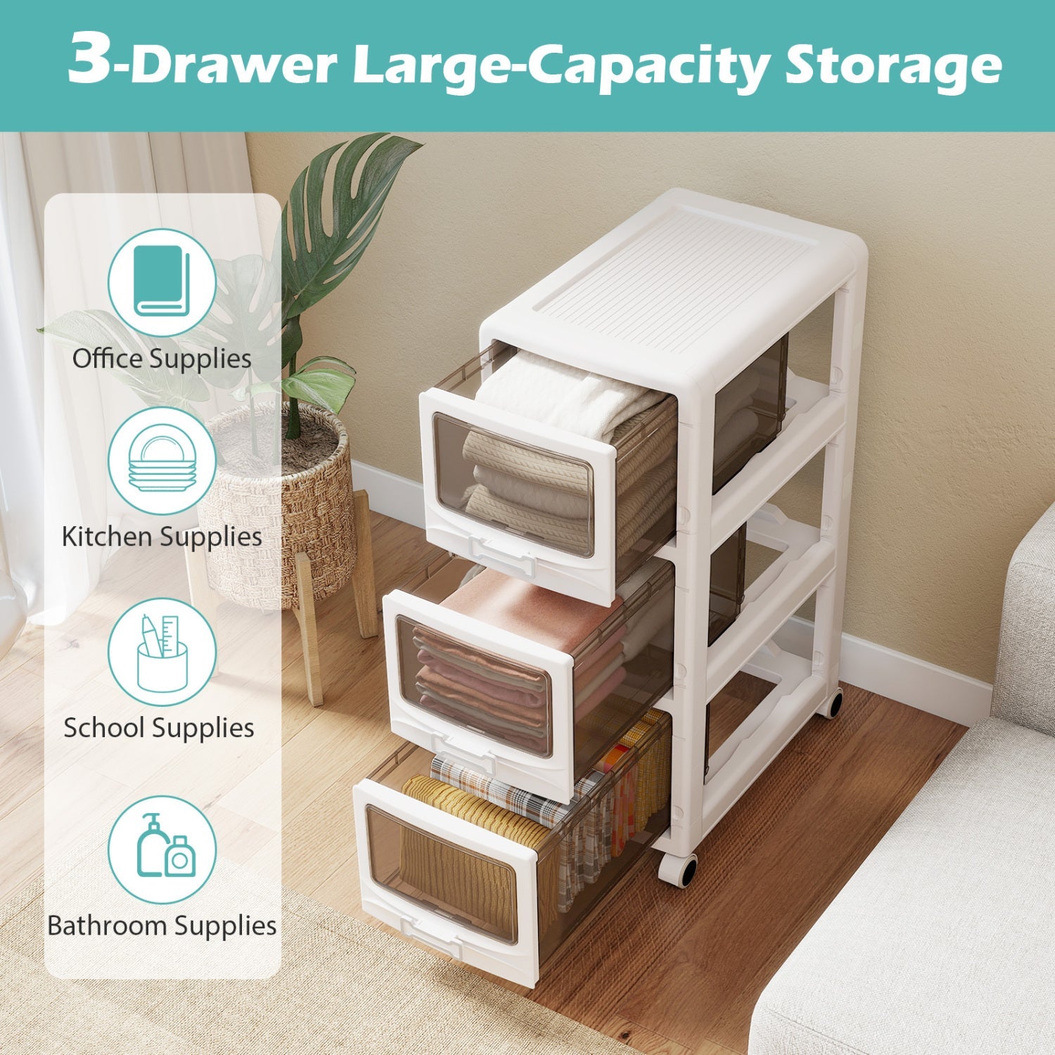 Rolling Storage Cart with Drawers and Lockable Wheels