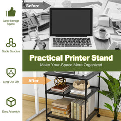 3 Tier Printer Stand Rolling Fax Cart with Adjustable Shelf and Swivel Wheels