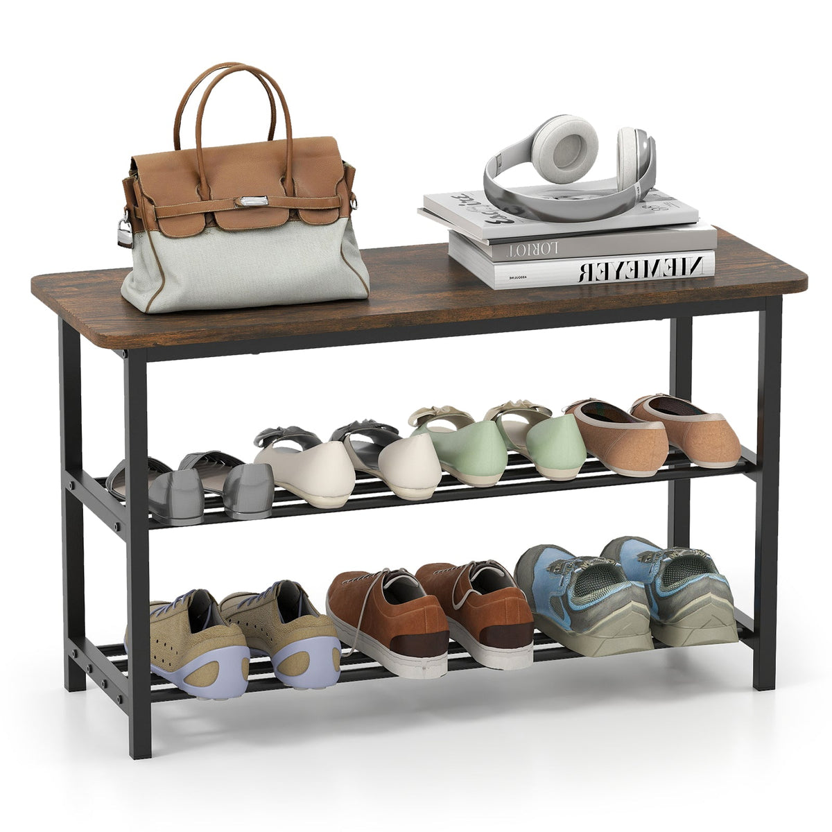 3-Tier Shoe Rack Shoe Bench with Metal Slat Shelves and Long Wooden Seat-Rustic Brown