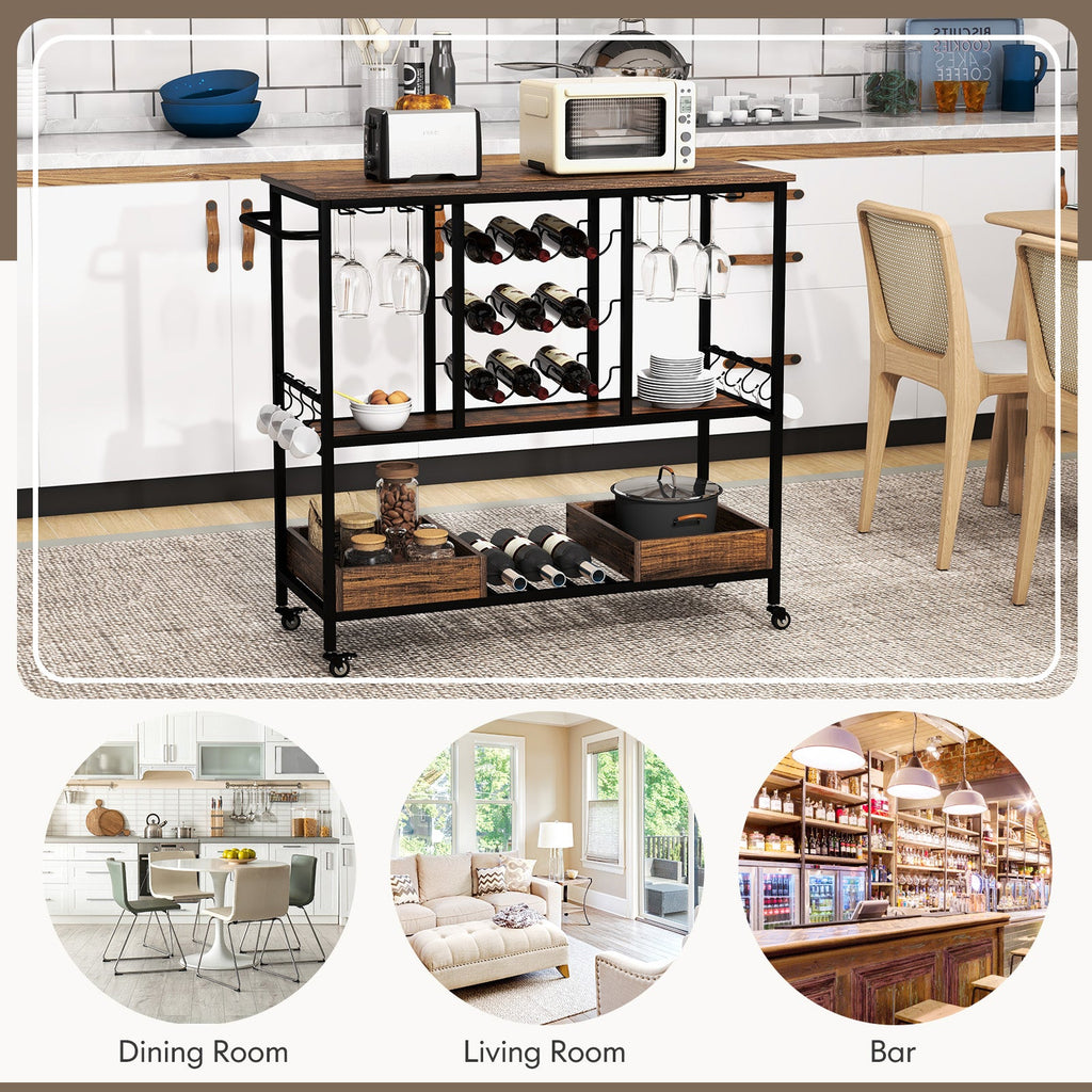 3 Tiers Bar Cart on Wheels with Glass Racks-Rustic Brown