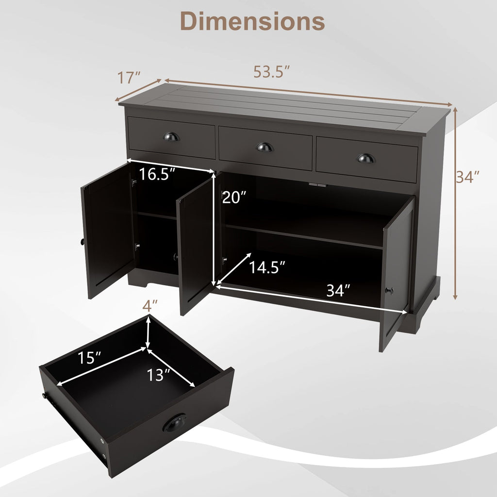 3 Drawers Sideboard Buffet Storage with Adjustable Shelves-Brown