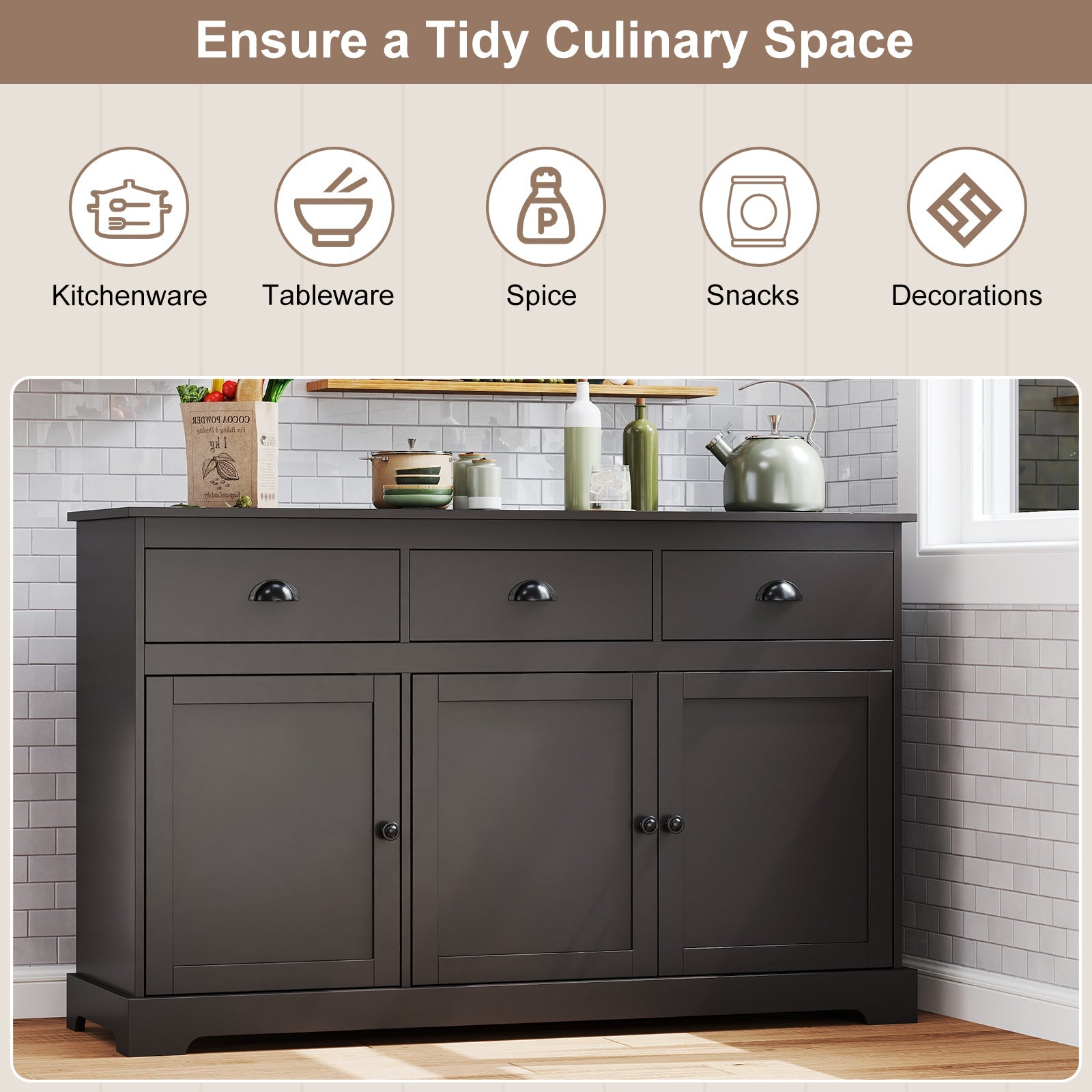 3 Drawers Sideboard Buffet Storage with Adjustable Shelves-Brown