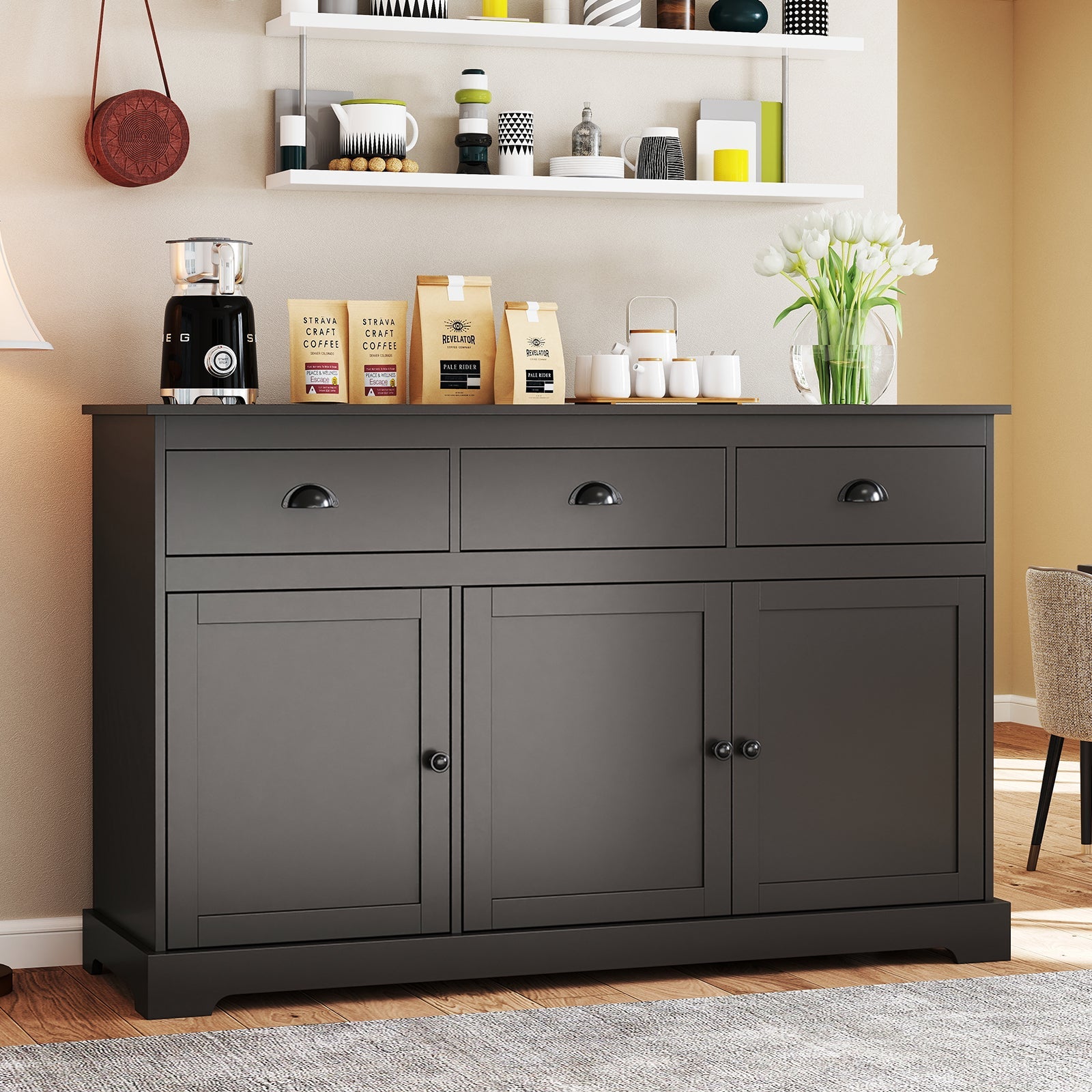 3 Drawers Sideboard Buffet Storage with Adjustable Shelves-Brown
