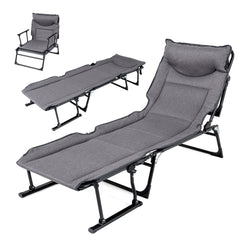 3 in 1 Folding Camping Cot Comfy Padded Convertible Single Sofa Chair-Gray