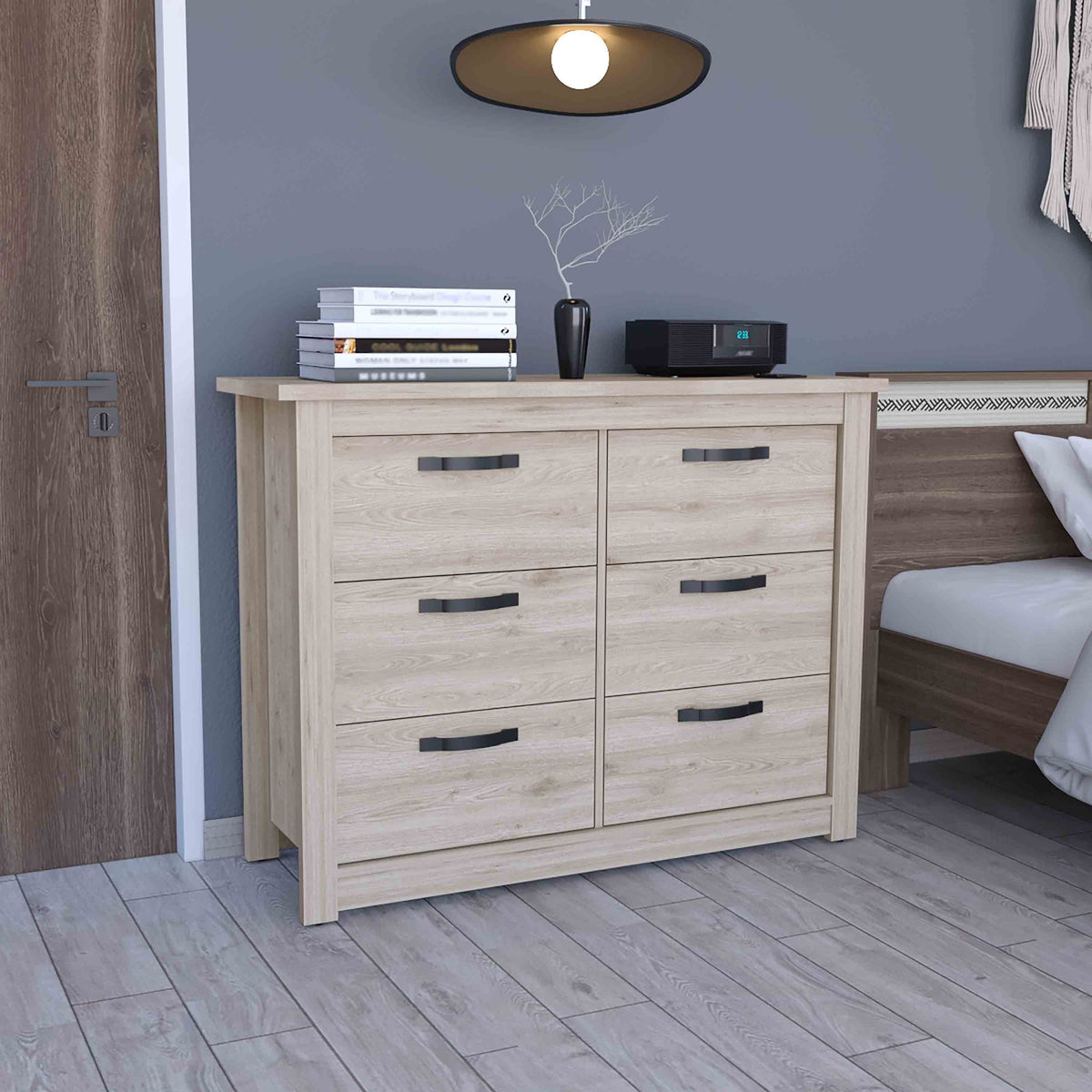 Modern 6-Drawer Dresser with Metal Hardware – Gray Finish