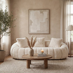 Floral-Shaped Beige Two-Seater Sofa with Ultra-Soft Faux Fur