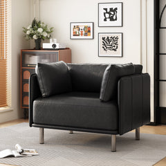 Vintage Black Faux Leather Lounge Chair with Solid Wood Frame