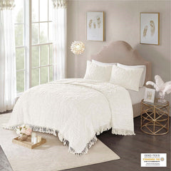 Tufted Cotton Chenille Medallion Fringe Coverlet Mini Set Off-White Full/Queen