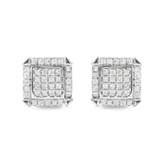 10K White Gold 1 1/10 Cttw Princess Diamond Composite and Halo Stud Earrings (I-J Color, I1-I2 Clarity)