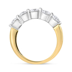 14K White and Yellow Gold 1 1/2 Cttw 2 Prong Cup Set Round-Cut Diamond 5 Stone Ring Band (H-I Color, SI2-I1 Clarity) - Ring Size 7