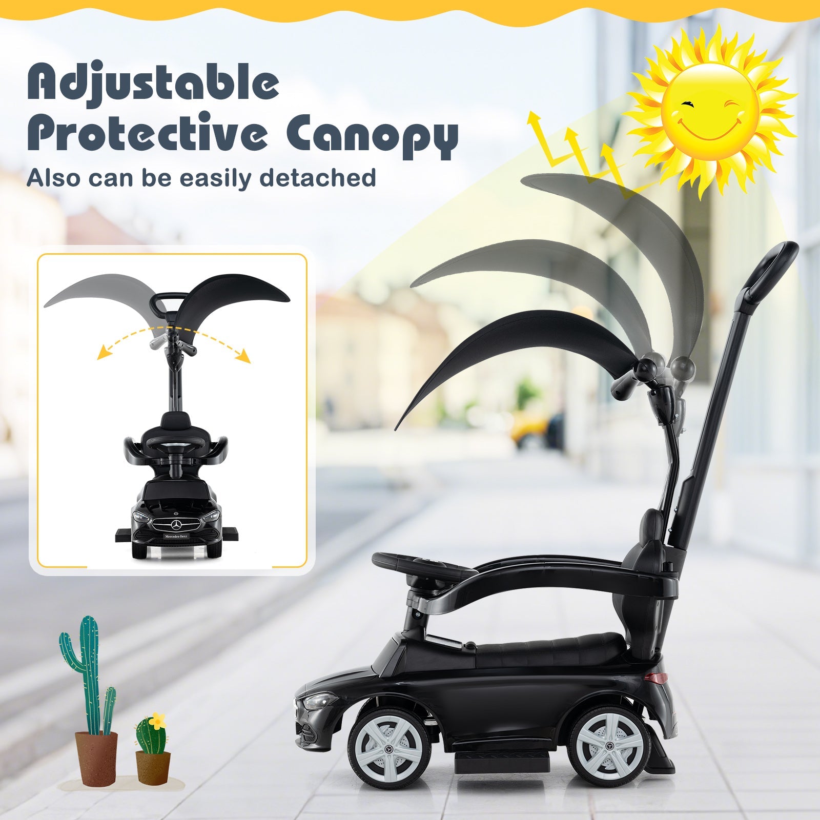 3-in-1 Ride on Push Car Mercedes-Benz Licensed Sliding Car with Canopy-Black