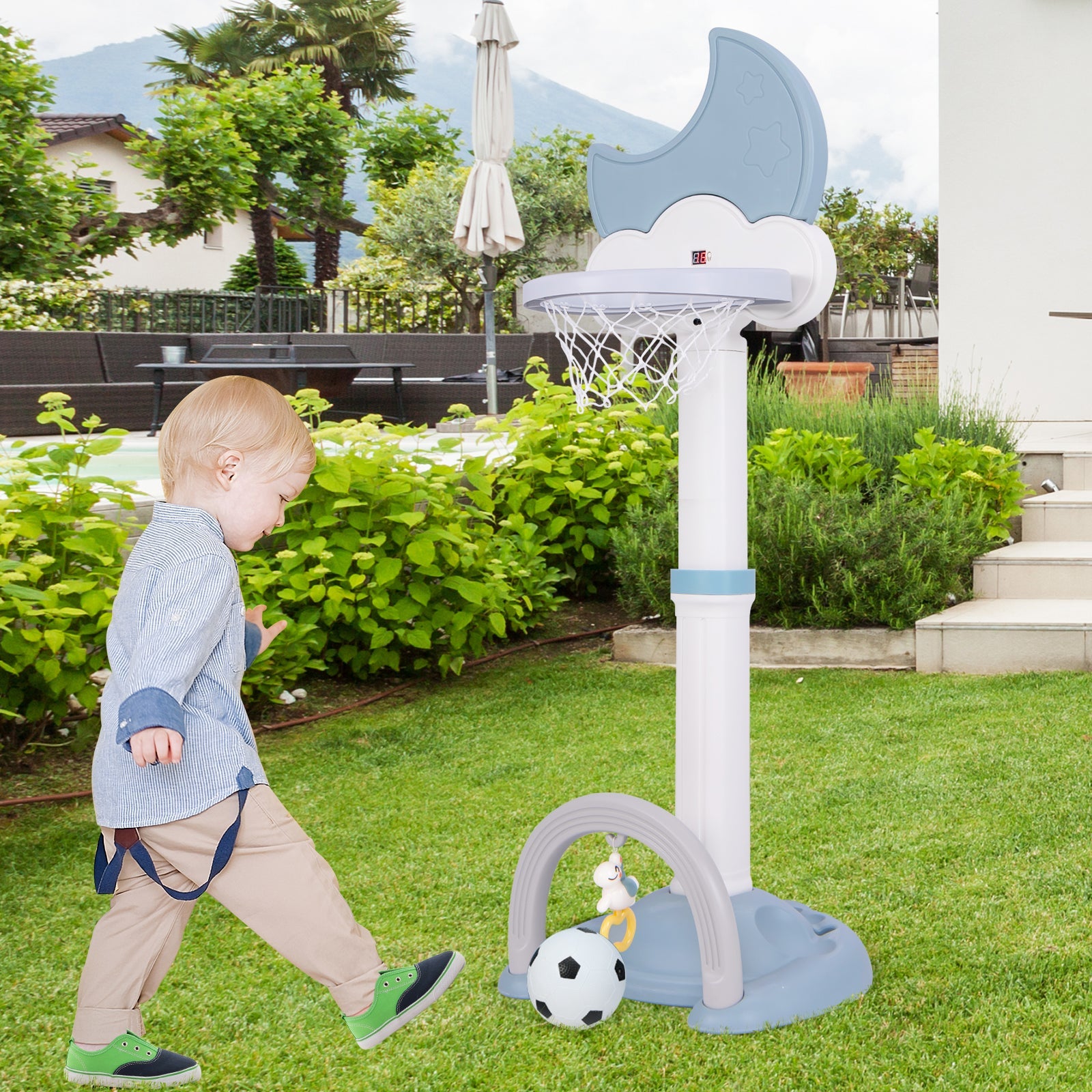 4-In-1 Kids Basketball Hoop with Moon-shaped Electronic Scoreboard and Play Set-Blue