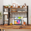 4-Tier Desk Shelf Desktop Display Rack with Metal Grid Panel and 6 Hooks-Rustic Brown