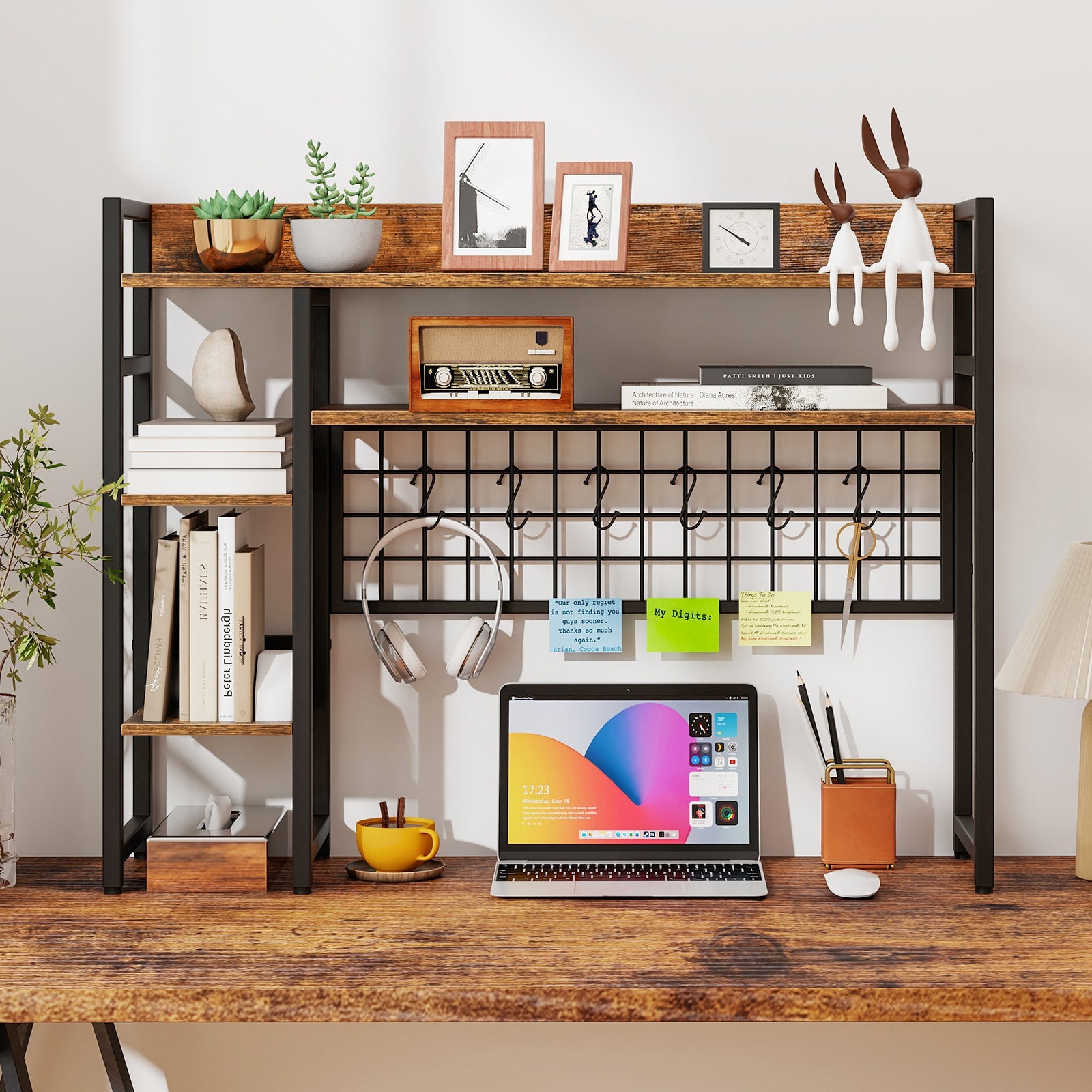 4-Tier Desk Shelf Desktop Display Rack with Metal Grid Panel and 6 Hooks-Rustic Brown