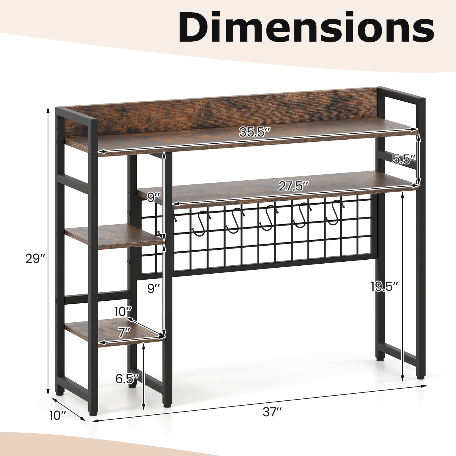 4-Tier Desk Shelf Desktop Display Rack with Metal Grid Panel and 6 Hooks-Rustic Brown