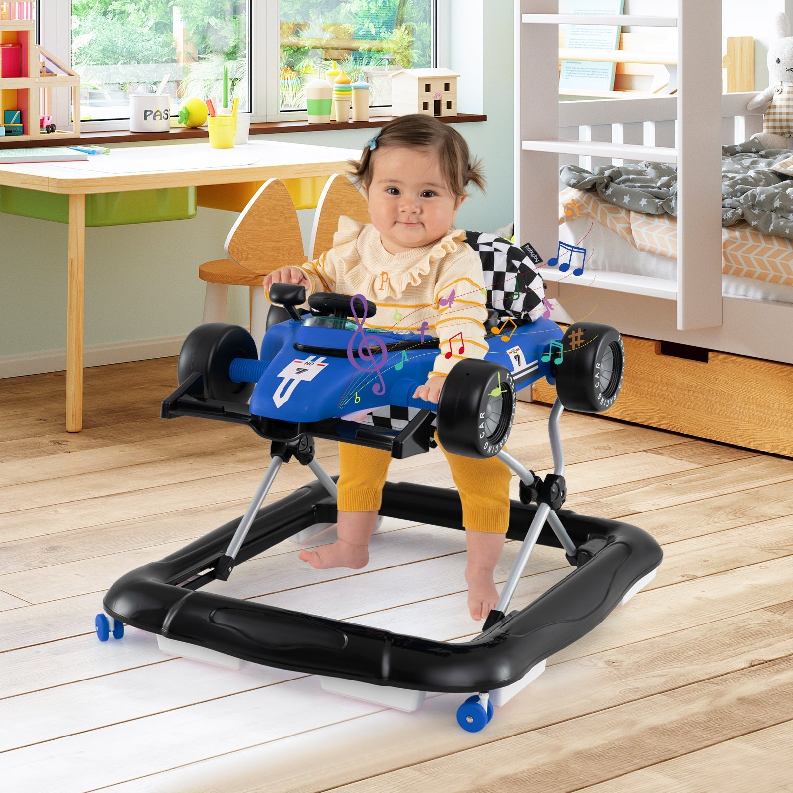 4-in-1 Baby Push Walker Activity Center Height Adjustable with Music Box-Blue