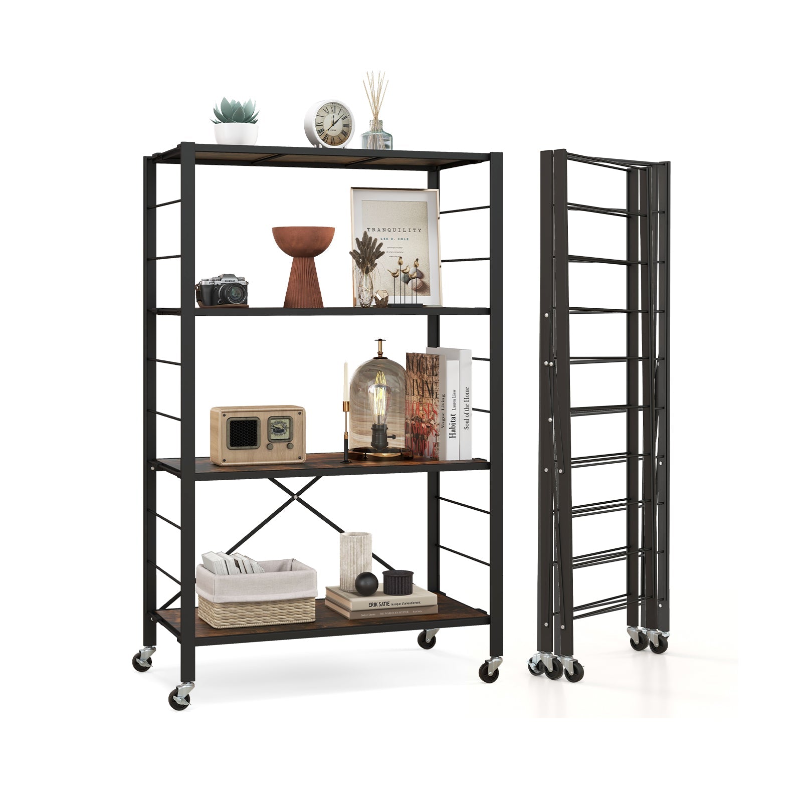 4-Tier Foldable Storage Rack with Wheels - 180 lbs Capacity