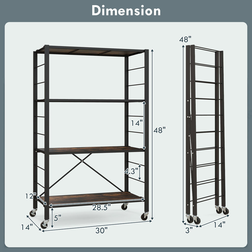 4-Tier Foldable Storage Rack with Wheels - 180 lbs Capacity