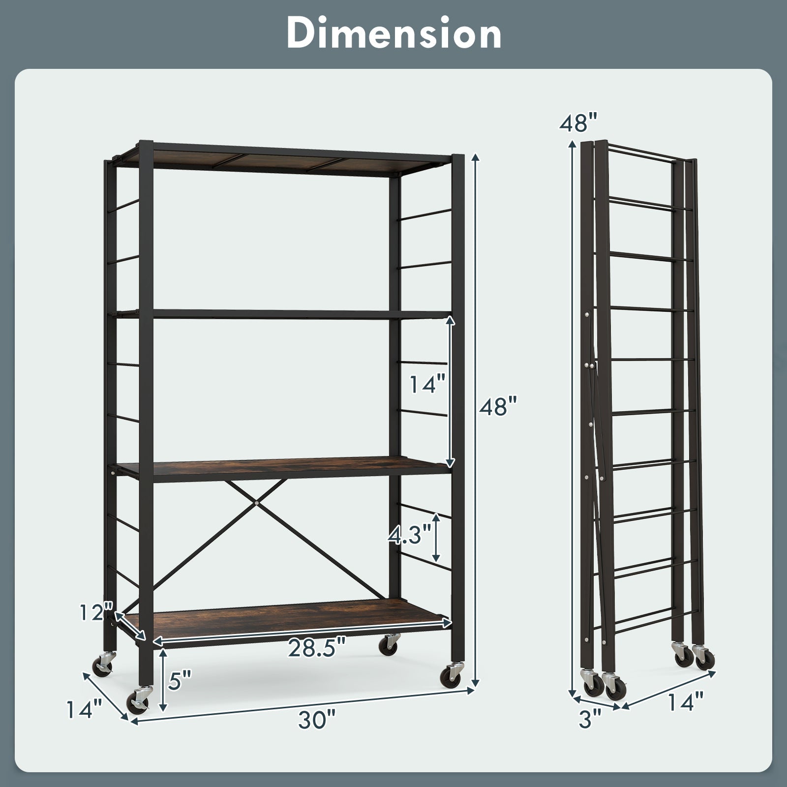4-Tier Foldable Storage Rack with Wheels - 180 lbs Capacity
