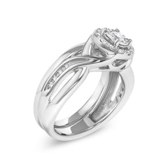 .925 Sterling Silver 1/7 Cttw Diamond Halo Bypass Engagement Ring and Wedding Band Set (I-J Color, I3 Clarity)- Size 7