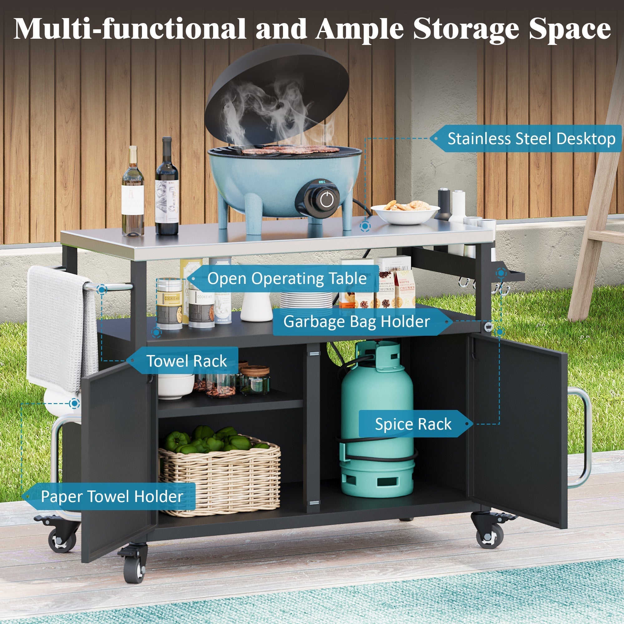 K&K 54.5' Outdoor Kitchen Island with Stainless Steel Tabletop and Storage