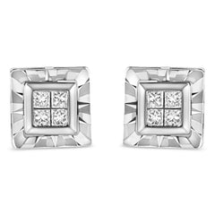 .925 Sterling Silver 1/6 Cttw Invisible Set Princess-Cut Diamond Quad Composite Stud Earrings (H-I Color, I1-I2 Clarity)