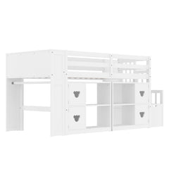 Loft Bed With Storage Cabinets, Staircase Drawers & LED Lights