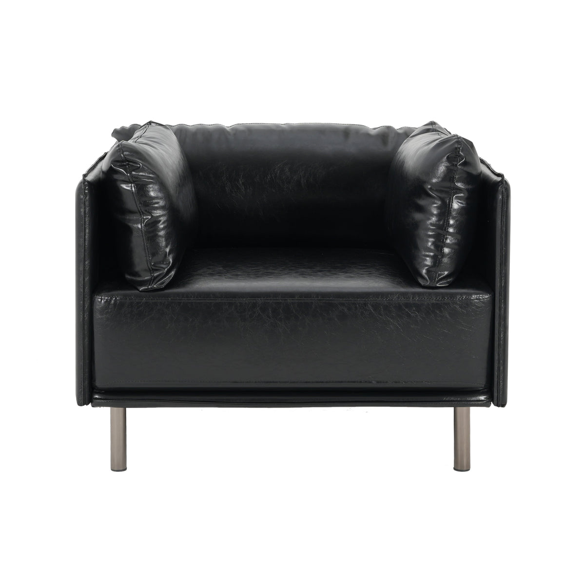 Vintage Black Faux Leather Lounge Chair with Solid Wood Frame