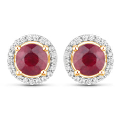 1.22 Carat Genuine Ruby and White Diamond 14K Yellow Gold Earrings