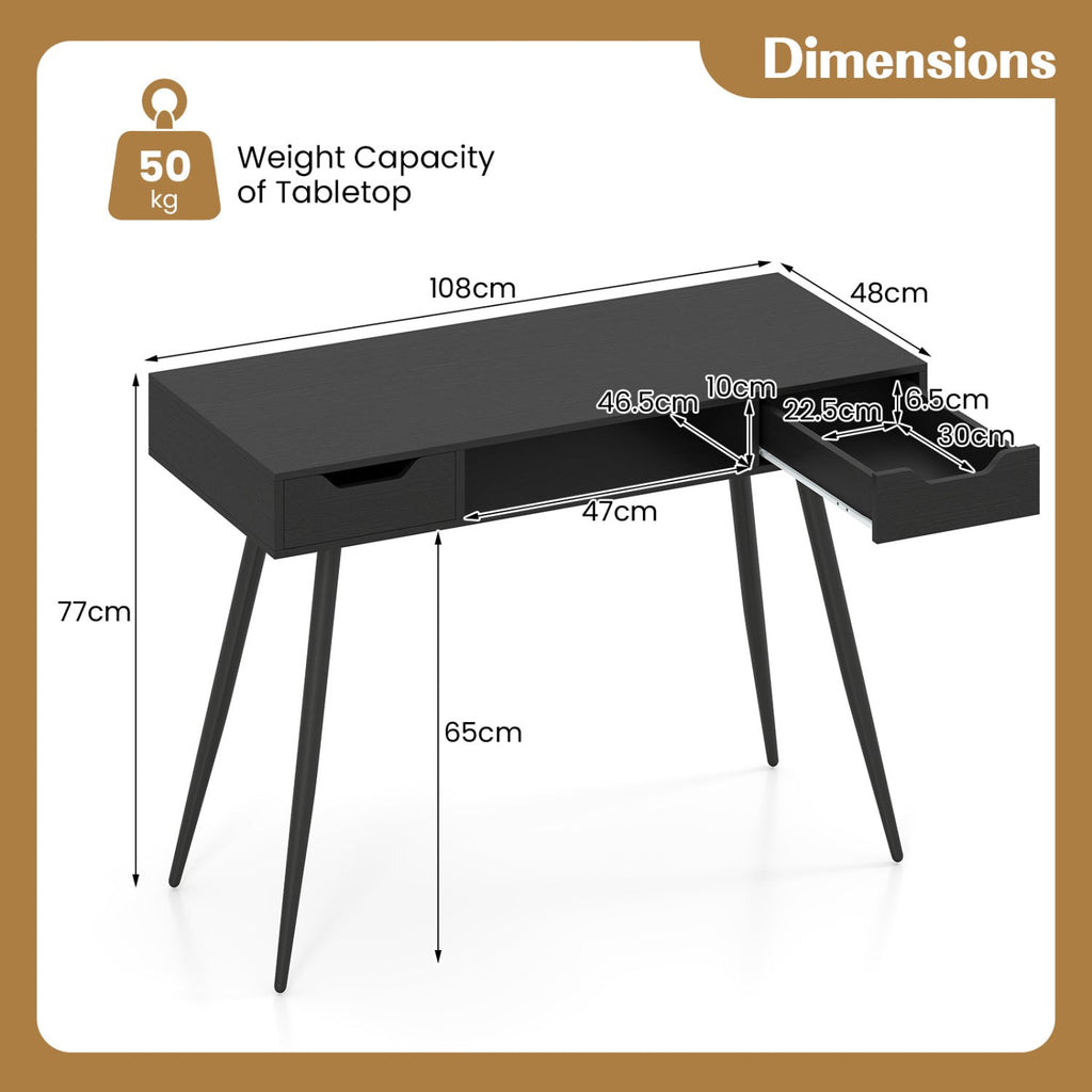 42.5" Mid Century Modern Writing Desk with Metal Leg and Drawers