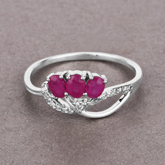 0.71 Carat Genuine Ruby and White Diamond 14K White Gold Ring